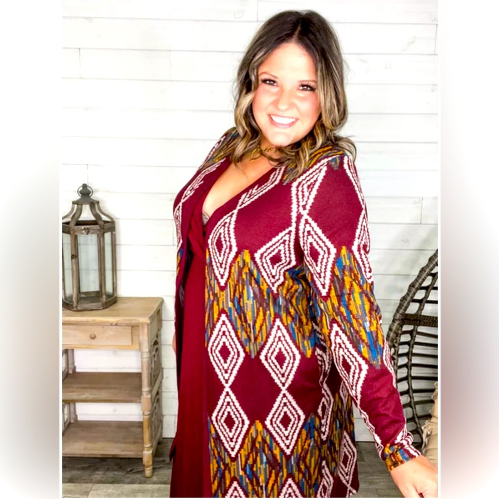 Dutton Aztec SouthWestern Burgundy Multicolor Geometric Cardigan Duster 3X